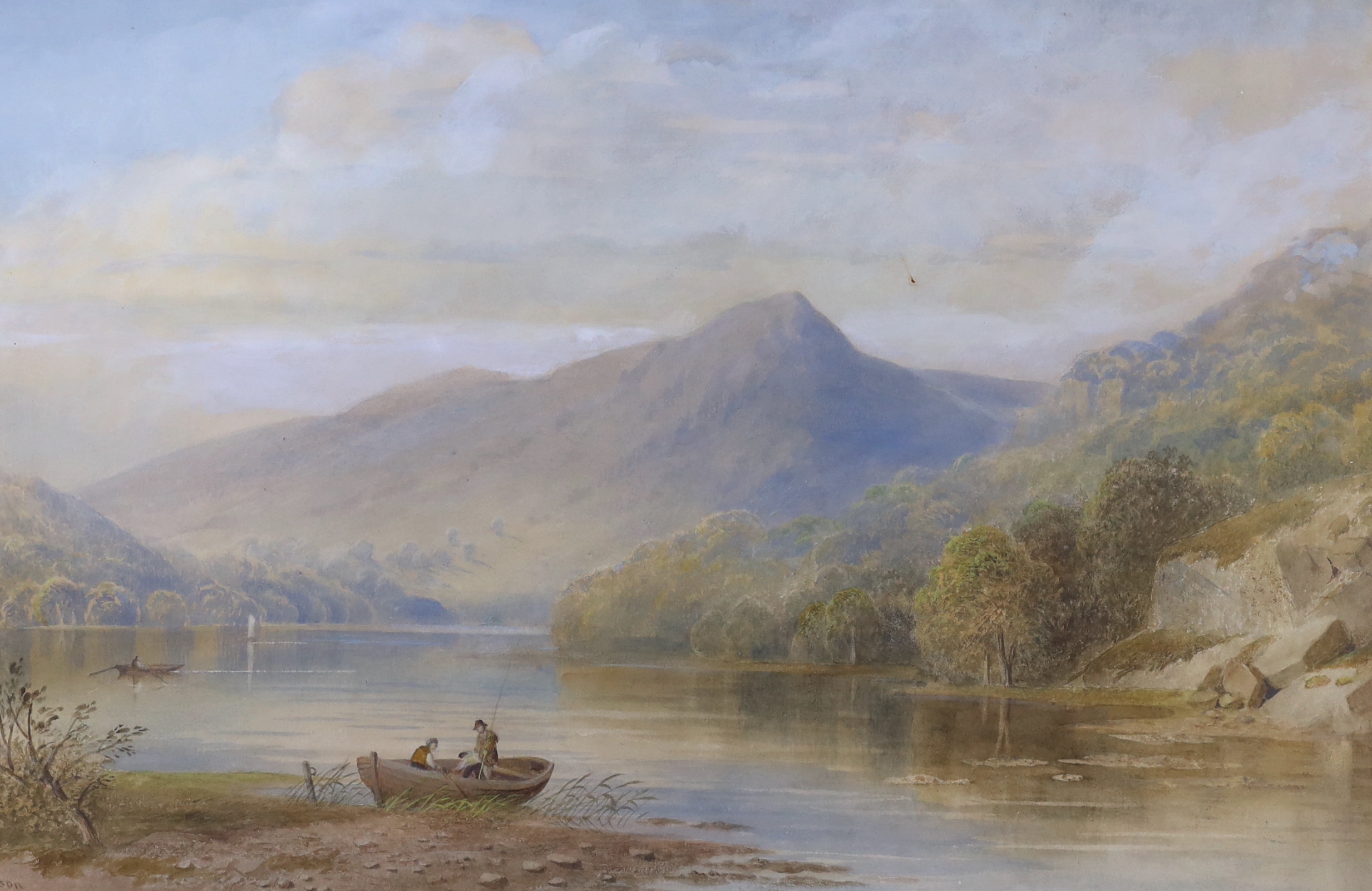 Charles Pearson (1805-1891), pair of watercolours, Cattle watering and Rowing boat on a lake, signed and dated 1883, 34 x 52cm